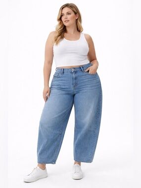 American Eagle Dreamy Drape Barrel Jeans 14 High Rise Wide Leg Denim